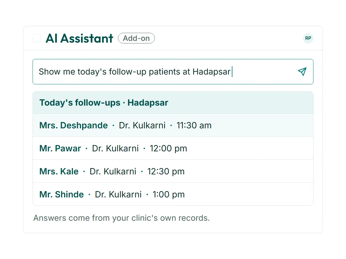 The RevisitPlus AI Assistant lets clinic staff ask questions about their own clinic data in plain language. An add-on. It does not diagnose or prescribe.