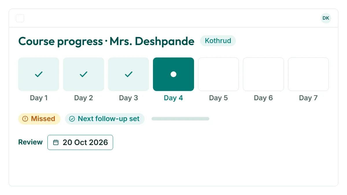 Ayurveda clinics in RevisitPlus, a screen cropped to the point, with demo data for branches Kothrud, Wakad and Hadapsar