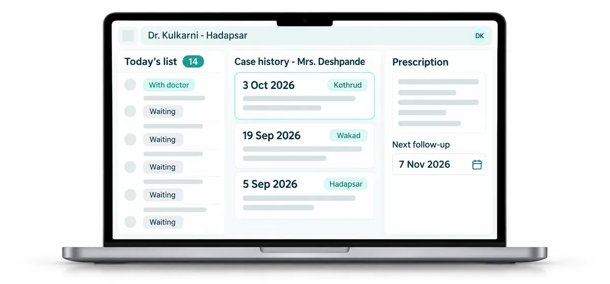 Homeopathic software for the doctor: today's patient list, full case history, prescriptions, medication and follow-up dates, on the web and on Android.