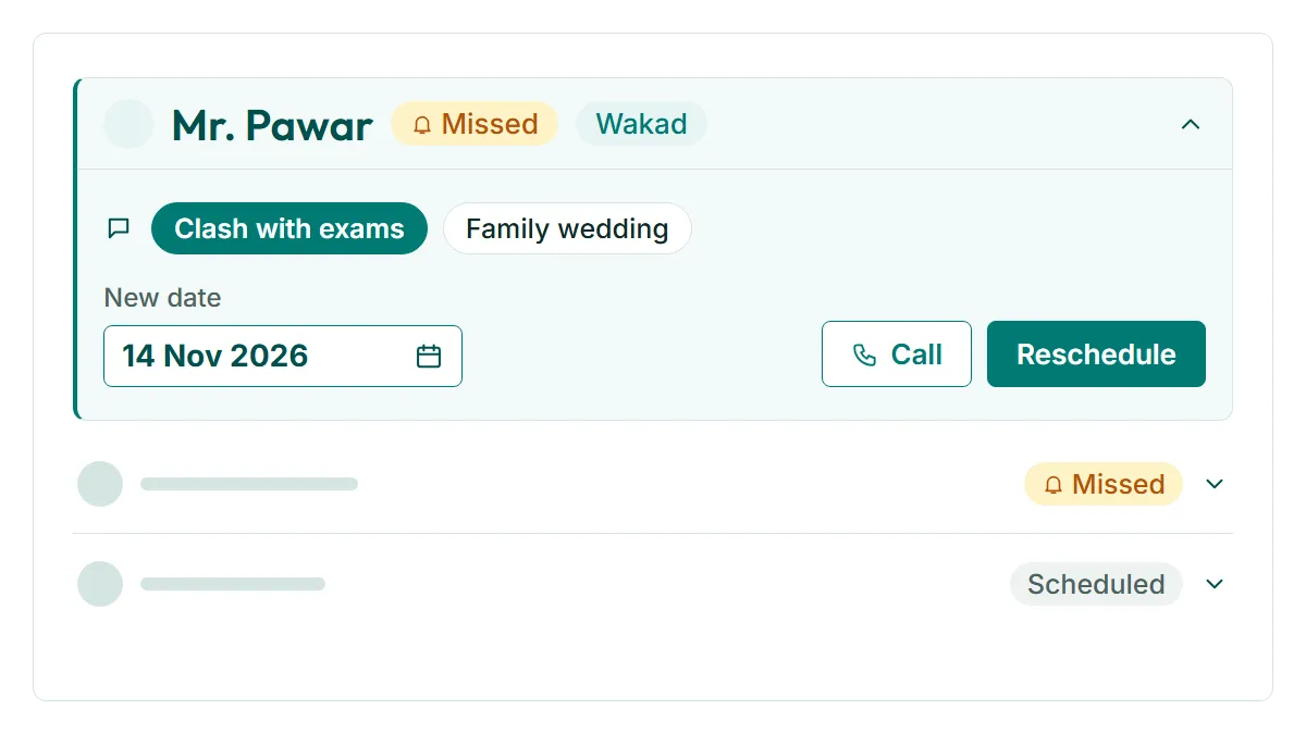 Follow-ups and Missed Visits in RevisitPlus, a screen cropped to the step that proves the point, with demo data for branches Kothrud, Wakad and Hadapsar