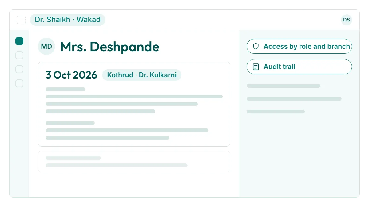 Multi-branch homeopathy clinics in RevisitPlus, a screen cropped to the point, with demo data for branches Kothrud, Wakad and Hadapsar