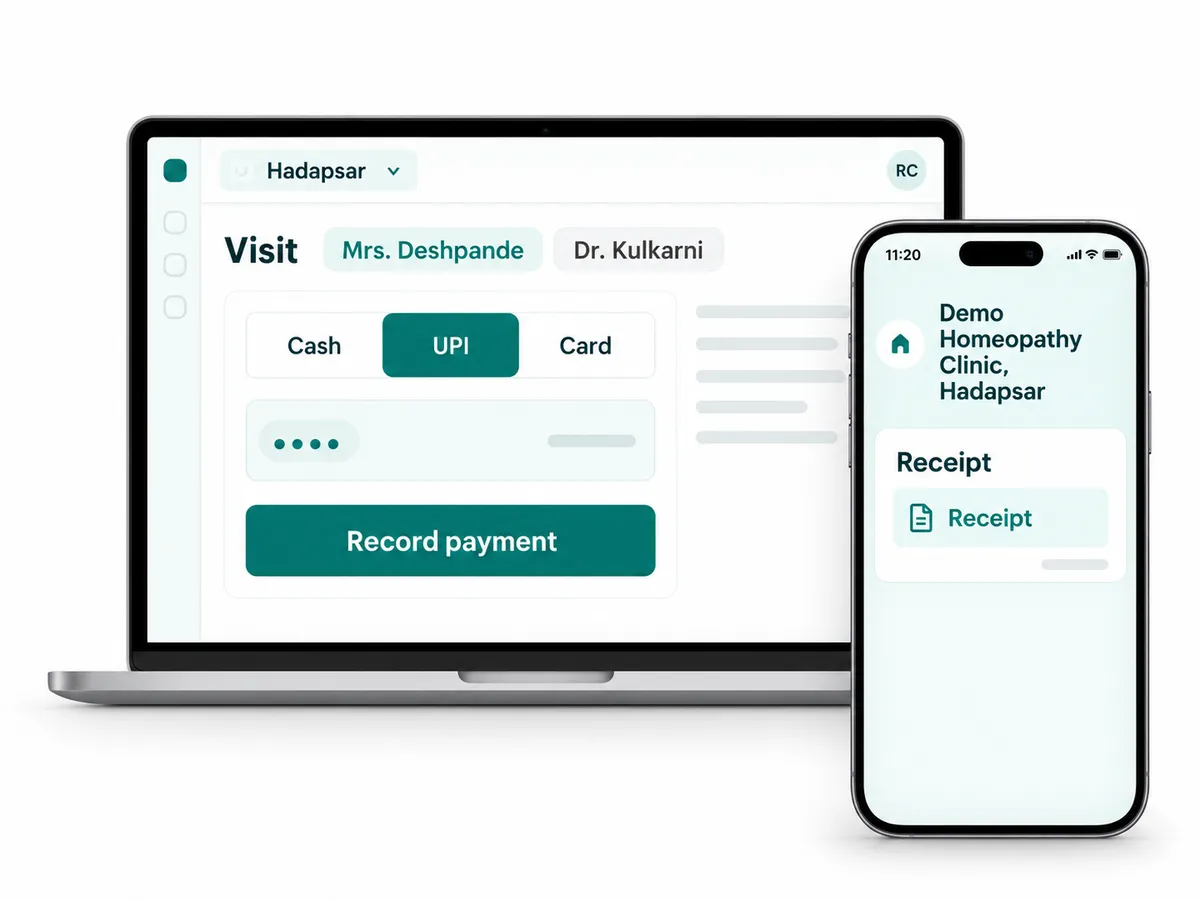 Clinic billing software that ties every payment to a visit. Cash, UPI and card at the counter, day-end totals by mode and branch, receipts on WhatsApp.