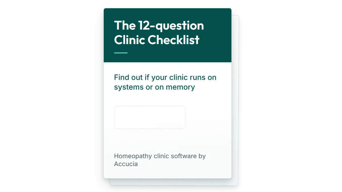 Cover of the PDF, The 12-question Clinic Checklist, shown beside the download form