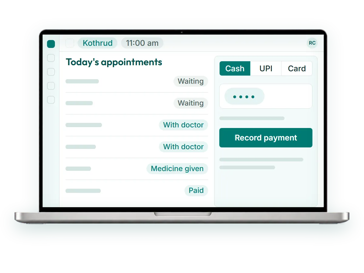 For the practice manager running the front desk. One screen for registration, payments and follow-ups, with role training and one branch at a time.