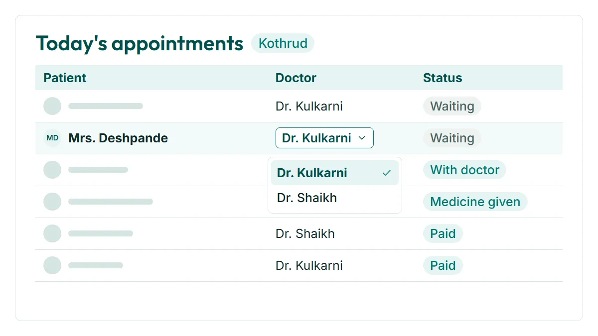 Receptionist Dashboard in RevisitPlus, a screen cropped to the step that proves the point, with demo data for branches Kothrud, Wakad and Hadapsar