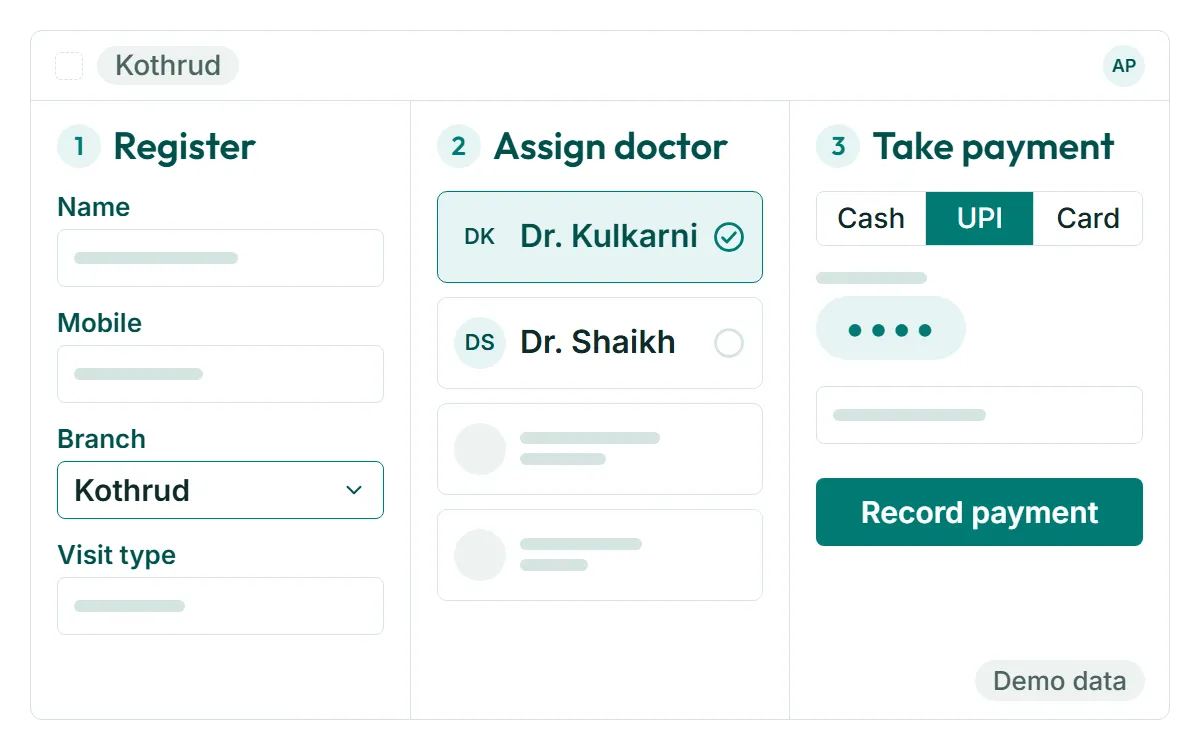 Receptionist Dashboard with demo data: registering a patient at the Kothrud branch