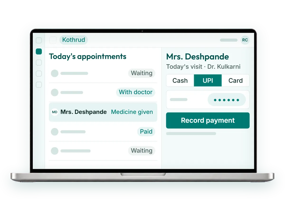 Clinic reception software for homeopathy: register patients, assign doctors, track medicine and take cash, UPI or card payments tied to every visit.